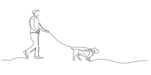 continuous line of old man walking with pet dog.one line drawing of outdoor leisure.single line vector illustration.isolated white background
