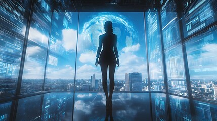 Fototapeta premium A powerful female entrepreneur standing in a glass-walled skyscraper, her silhouette merging with a digitalized Earth, corporate data streams dynamically shifting around,