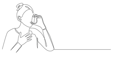 continuous line of woman inhaling steam while feeling asthma.one line drawing of woman having asthma and holding chest.single line vector illustration of health concept.isolated white background