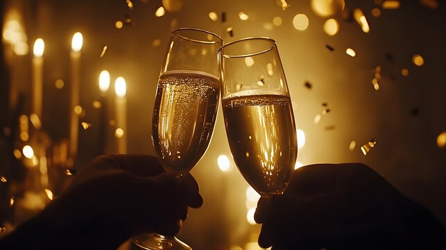A romantic New Year's toast with champagne glasses held close, soft candlelight in the background and shimmering gold confetti
