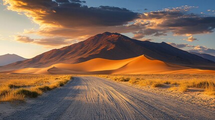 Obraz premium Desert Road Leading to Majestic Mountain at Sunset