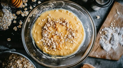 A top-down view of a DIY oat and honey face mask in a mixing bowl.