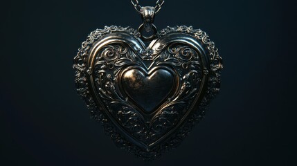Fototapeta premium Ornate Silver Heart Pendant Necklace on Dark Background