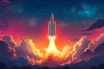 A futuristic vector illustration of a rocket launch, surrounded by vibrant cosmic clouds and a starry sky. The warm orange and deep blue hues create a dreamy, adventurous atmosphere of space