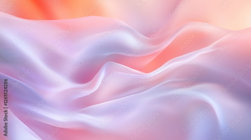 Poster pastel draped fabric texture, soft and flowing sheer material with light pink and orange background