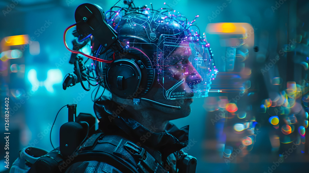 Poster futuristic soldier with a high-tech helmet and glowing circuitry in a sci-fi setting