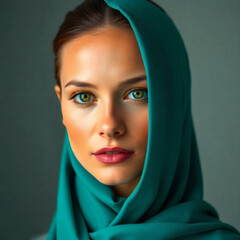 Fototapeta premium Beautiful woman with green eyes wearing a turquoise headscarf in a soft light setting