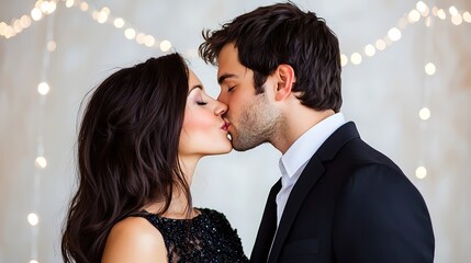 A cinematic view of a couple kissing, with strings of warm white lights creating a magical backdrop, the focus sharply on their loving expressions, showcasing their connection;
