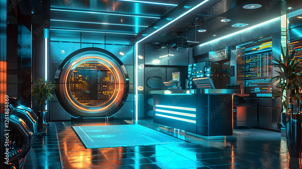 Poster futuristic control room with glowing interfaces and a circular portal, showcasing advanced technolog