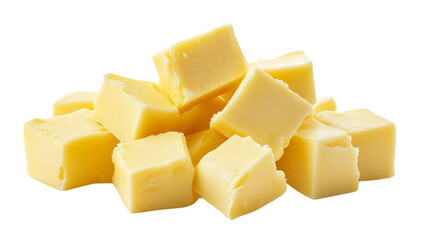 Minimalist composition featuring three stacked cubes of fresh butter on transparent png background. Ai generated