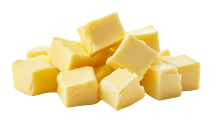 Minimalist composition featuring three stacked cubes of fresh butter on transparent png background. Ai generated
