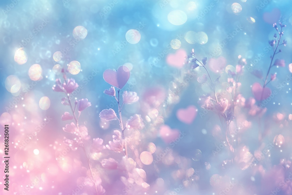 Poster pastel heart shaped leaves and soft bokeh background