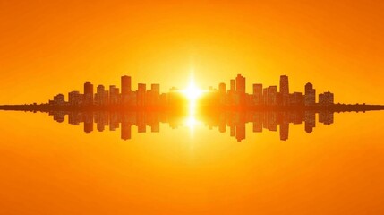 Obraz premium Cityscape sunrise reflection, calm water, orange sky, urban design