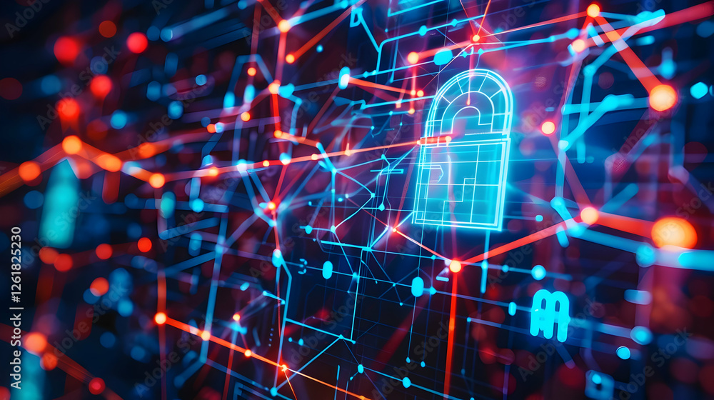 Poster abstract digital security network with glowing lock symbol and connections