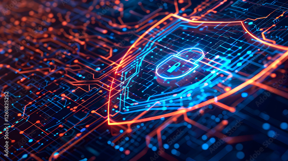 Poster digital shield representing cybersecurity with glowing circuits and data flow