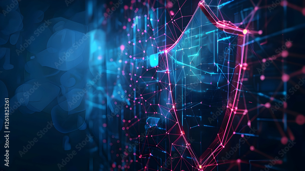 Poster abstract digital shield symbolizing cybersecurity with a network background
