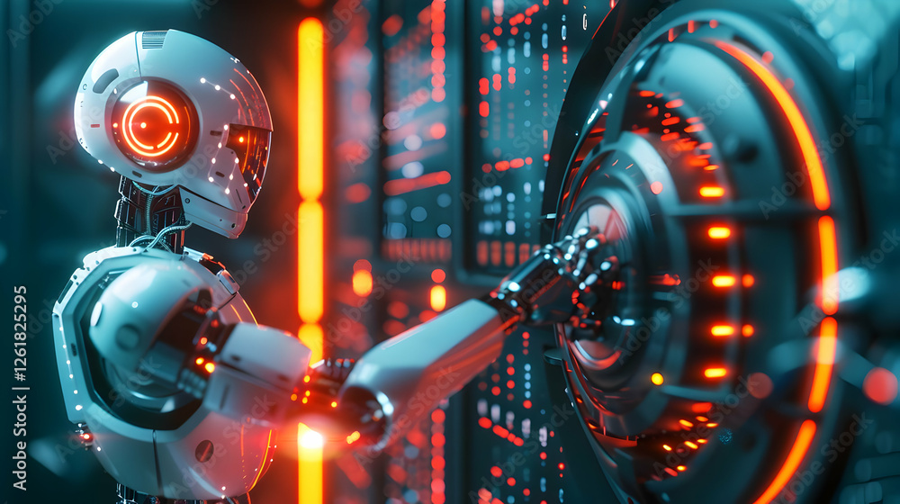 Poster futuristic robot interacting with a glowing control panel in a high-tech environment