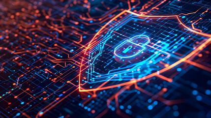 Digital shield representing cybersecurity with glowing circuits and data flow