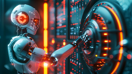 Futuristic robot interacting with a glowing control panel in a high-tech environment