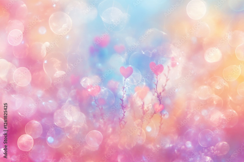 Poster pastel hearts and bokeh lights abstract background