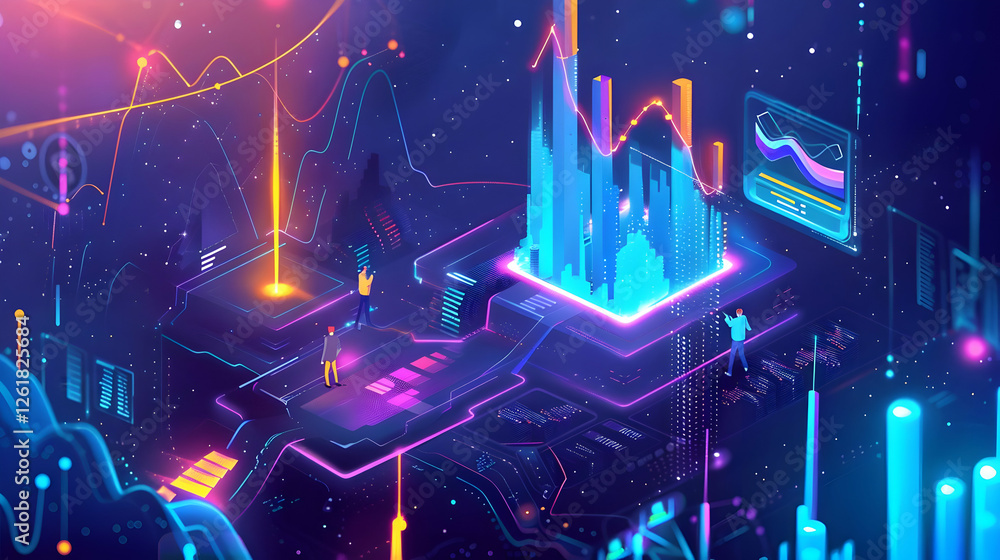 Poster futuristic digital landscape with data visualization and human interaction