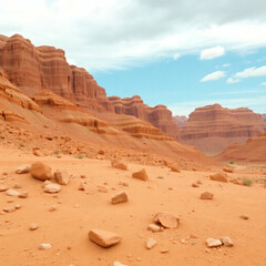Fototapeta premium Red rock landscape showcasing dramatic formations under a cloudy sky in a remote desert setting during the afternoon