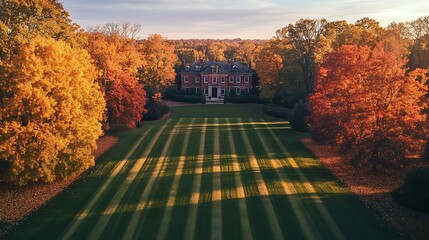 Obraz premium A breathtaking aerial view of an estate lawn being mowed in autumn, neat stripes forming through scattered golden leaves, a grand mansion in the background,