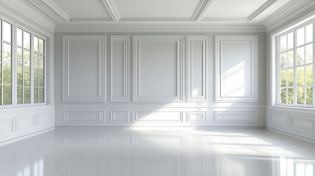 Sunlit Modern Room: 3D Render of Elegant White Interior Design AI Generated