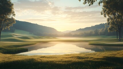 A breathtaking golf course fairway perfectly striped by a professional mower, rolling hills in the distance, a serene lake reflecting the soft hues of sunrise, mist hovering above the ground,