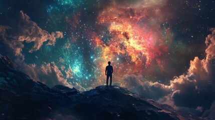 Obraz premium Silhouette of a man standing on a mountain, gazing at a stunning cosmic nebula
