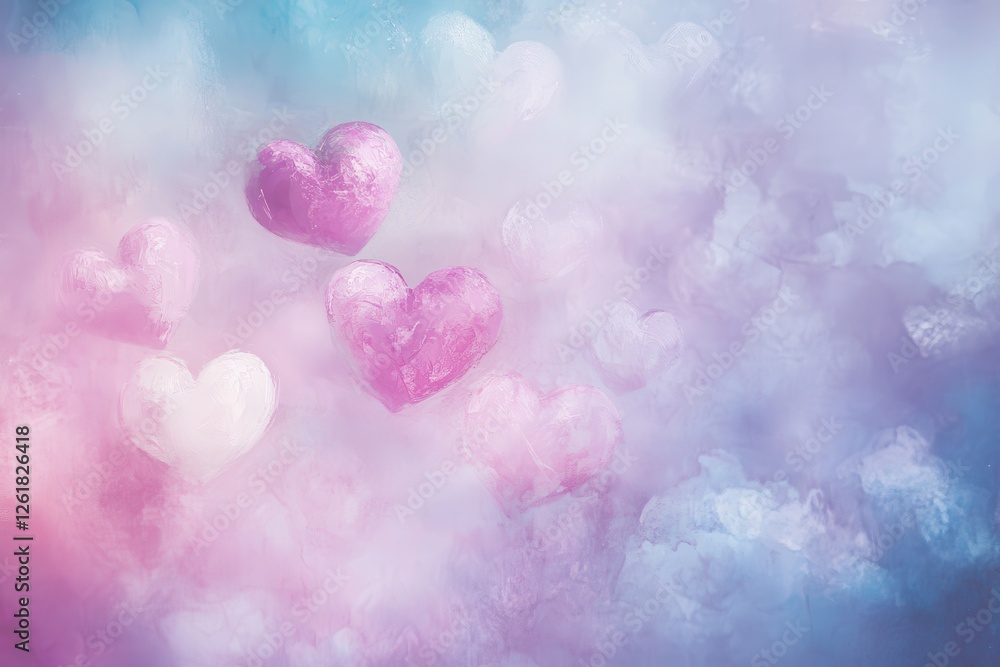 Wall mural Pastel Hearts Floating in Dreamy Clouds Abstract Background