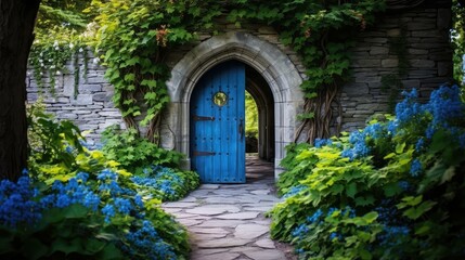 Fototapeta premium plants open blue door