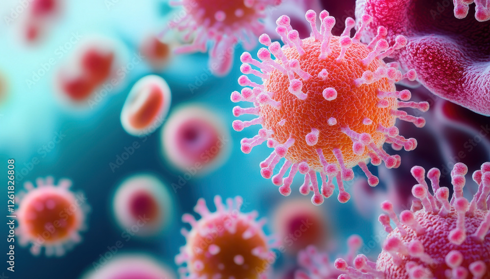 Poster microscopic view of colorful viruses and cells in biological environment