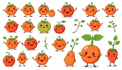 Adorable Cartoon Tomatoes Collection: A Delightful Set of Cute Tomato Characters in Various Poses and Stages of Growth