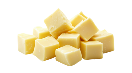 Studio shot of three butter cubes stacked symmetrically, creamy texture visible on transparent png background. Ai generated