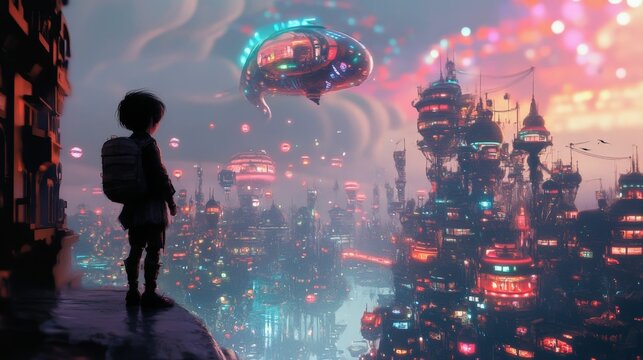 A child silhouetted against a futuristic city, looking out over a dazzling cityscape with flying vehicles.