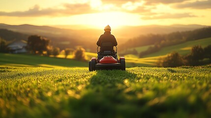 A dedicated landscaper riding a powerful commercial mower across an expansive green field, the sun casting warm golden light, fresh-cut grass forming perfect patterns,