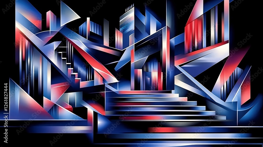 Poster Abstract Cityscape Red Blue Geometric Stairs Night. AI Generated