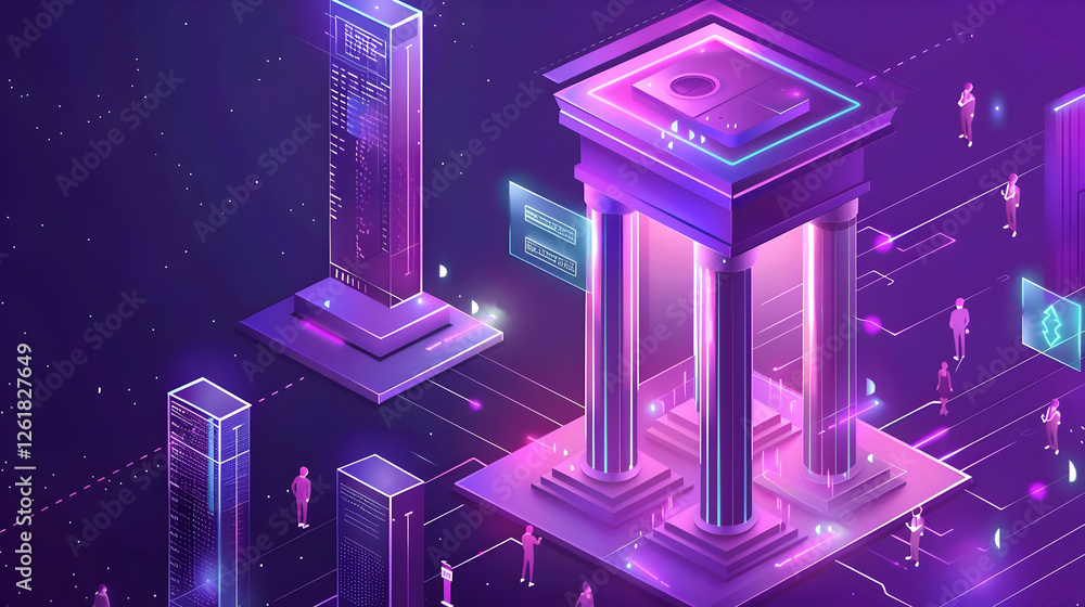 Poster futuristic digital landscape with glowing columns and data displays in a cyber world