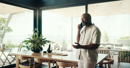 Phone call, house and black man in lounge, communication and planning with network. African person, online survey and guy with smartphone, mobile app for chatting and discussion with connection