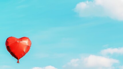 Fototapeta premium A vibrant red heart-shaped balloon gently drifting against a clear azure sky, with fluffy white clouds adding depth to the scene.