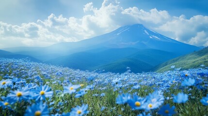 Majestic Mount Fuji with a field of blue flowers in the foreground. A stunning display of natural beauty.