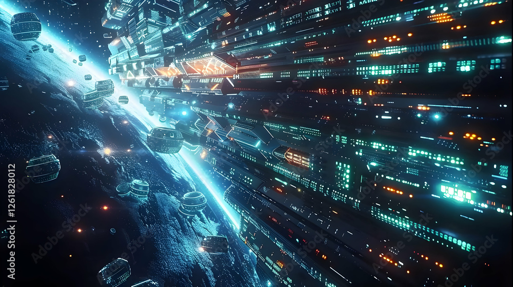 Poster futuristic space scene with glowing structures and orbiting objects above earth