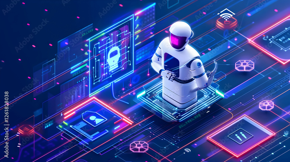 Aufkleber futuristic robot navigating a digital landscape with holographic interfaces