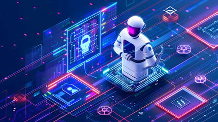 Futuristic robot navigating a digital landscape with holographic interfaces