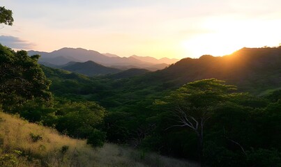 Obraz premium A tranquil mountain landscape with a soft golden sunset casting a warm glow over the trees and rolling hills. Generative AI