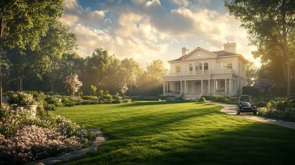 A grand estate&rsquo;s lawn being expertly mowed, the fresh-cut grass scent filling the air, a classic European-style villa with intricate stonework in the background,