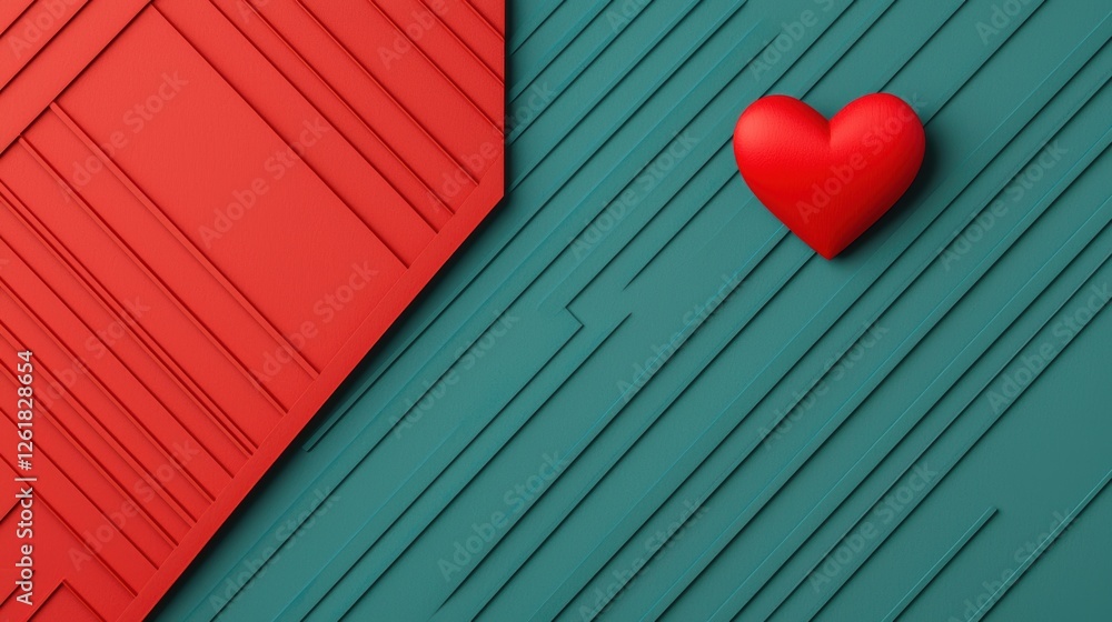 Poster a vibrant image featuring a red heart on a textured teal background, with geometric patterns in cont