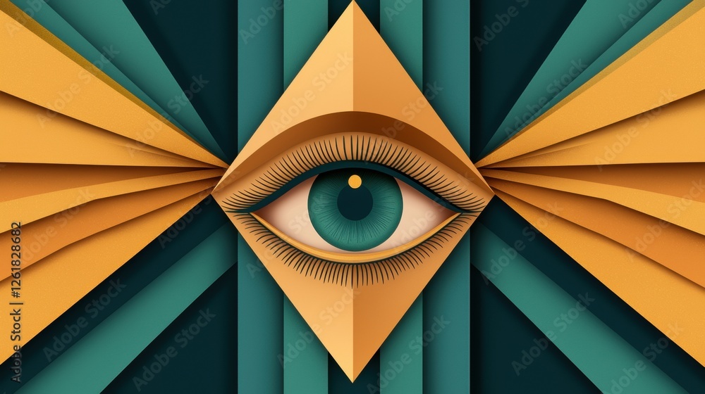 Poster a striking geometric design featuring a large eye at the center, surrounded by triangular and rectan