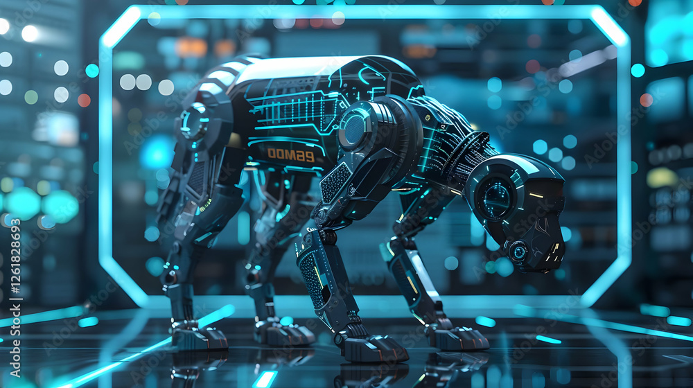 Poster futuristic robotic dog in a high-tech laboratory setting with glowing elements